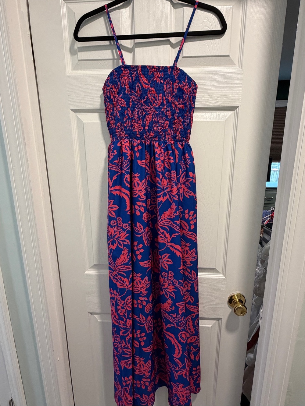 Smocked Spaghetti-Strap Maxi Dress in Blue & Pink Floral
